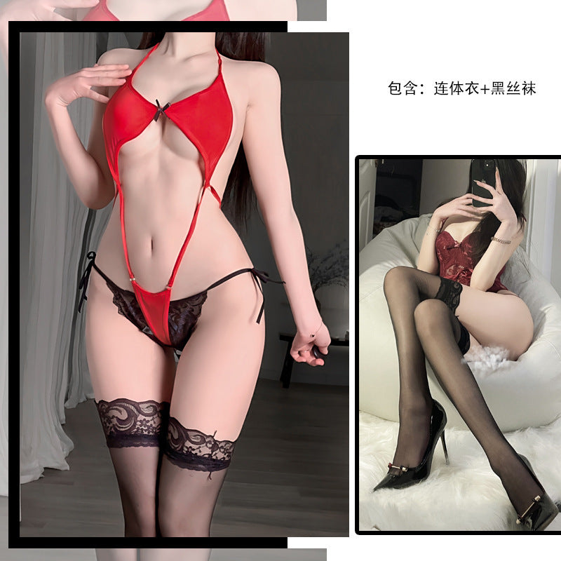 Image of erotic lingerie sexy one-piece swimcloth see-through temptation three-point halterneck bed temptation pajama set wholesale
